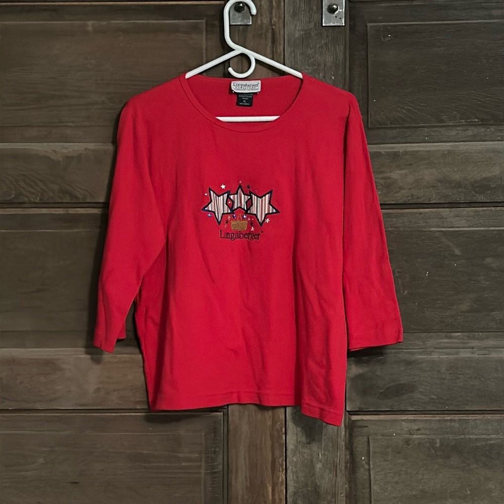 Longaberger Homestead Red 3/4 Sleeve Americana Star‎ Basket Graphic Top XL USA